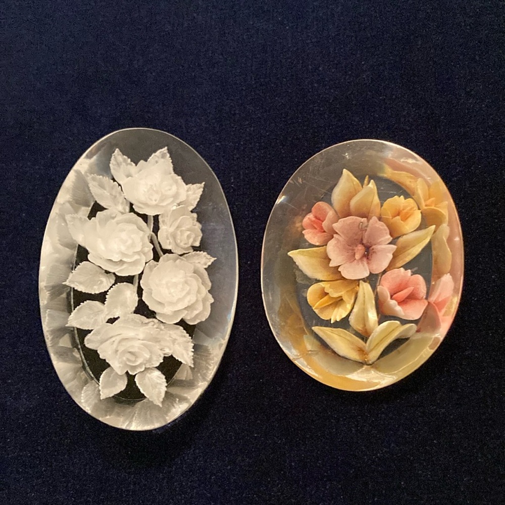 Vintage Carved Lucite Flower Brooches